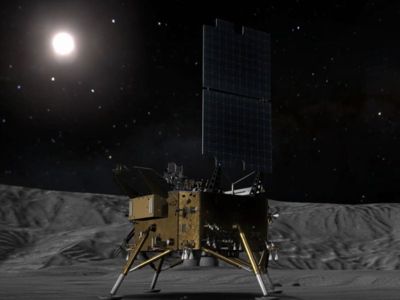 Artistic render of China's Chang'e-8 lunar lander on the moon's surface, featuring a gold-colored lander with extended solar panels under a starry lunar sky, illuminated by the Sun.