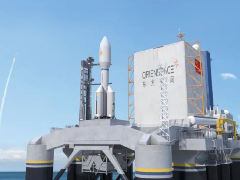An illustration of the Orienspace "Gravity-1" launch vehicle on a sea launch platform.