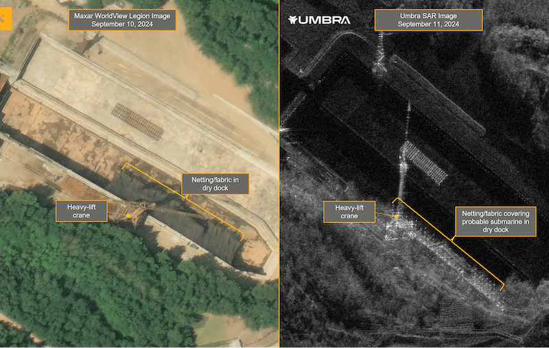 Left: Maxar WorldView Legion image showing a large object under fabric or netting at a dry dock in North Korea, acquired Sept. 10, 2024. Right: Umbra synthetic aperture radar image of the same location one day later. Credit: Maxar and Umbra