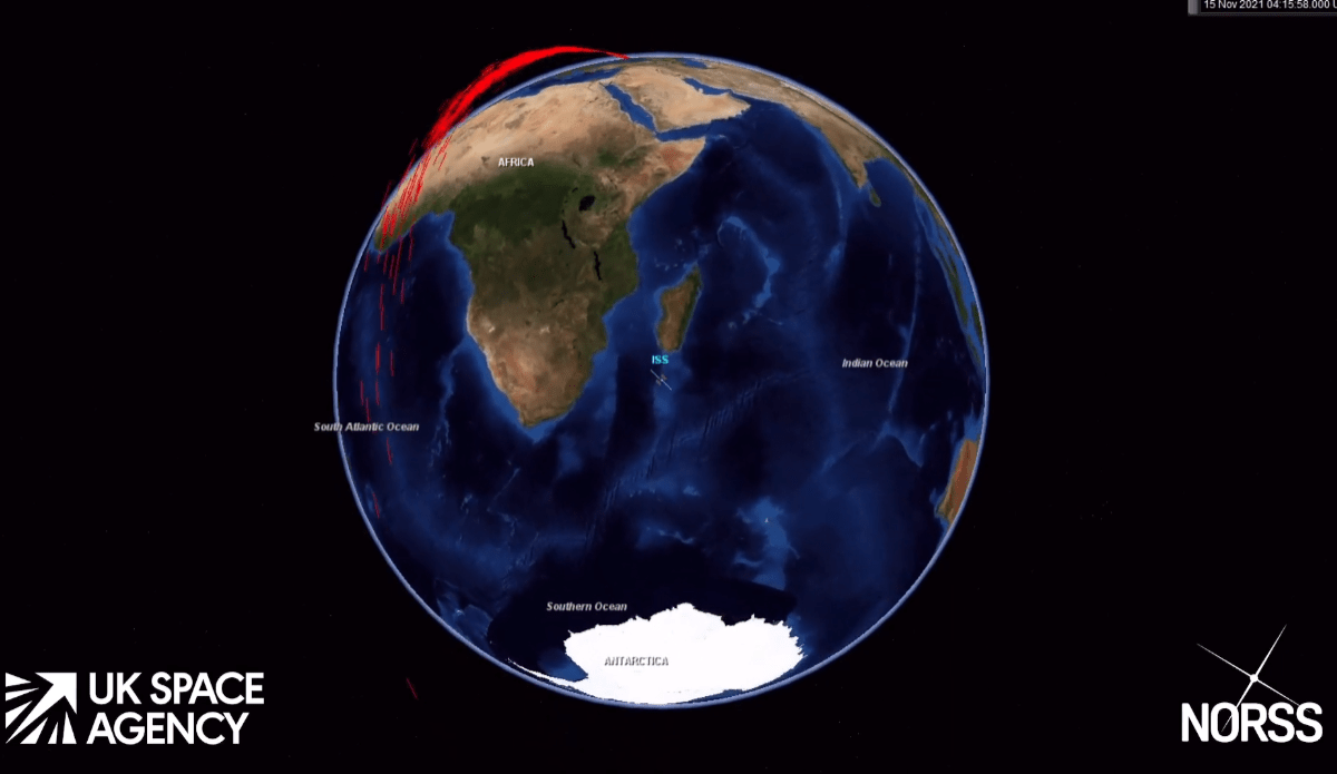 Visualization of the orbital debris produced by Russia's Nov. 15, 2021, ASAT test. Credit: UK Space Agency